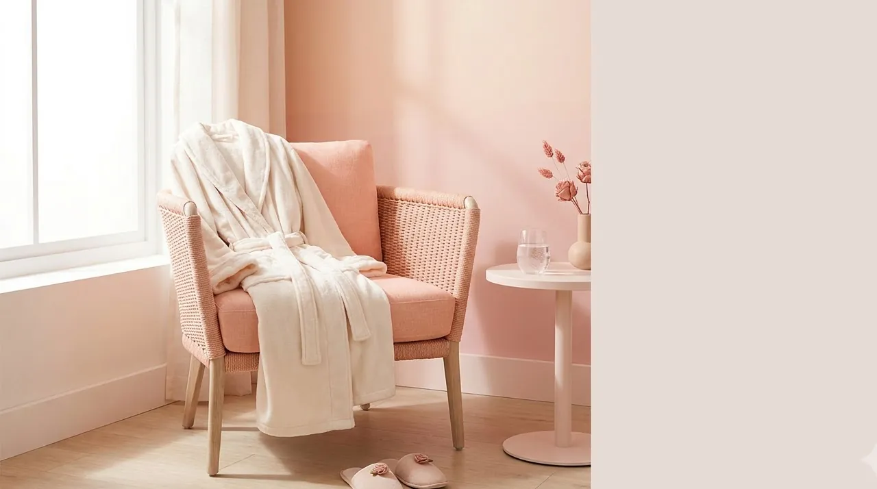 Cream robe by a bright window with a glass of water — planning a spray tan while pregnant